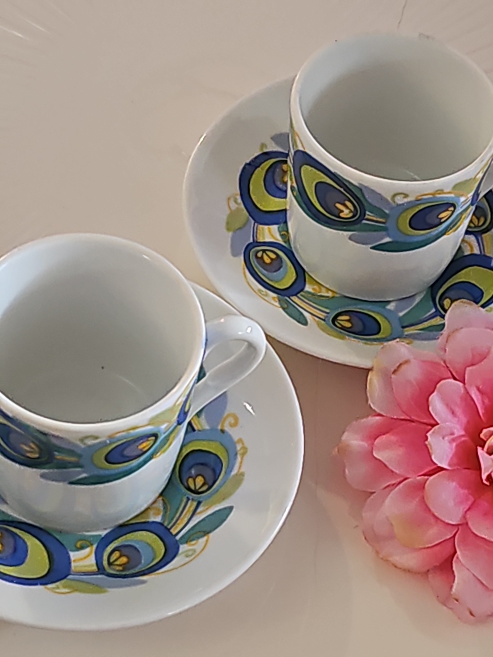 Set Of 2 Porcelain Peacock-Pattern Demitasse Coffee Cup & Saucer, Made In Spain